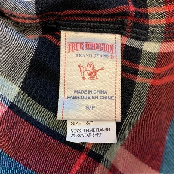 TRUE Religion red teal plaid check flannel fleece button down shirt size 8 - Picture 5 of 9